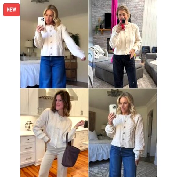 Cable Knit Cropped Cardigan, Chunky Knit Sweater, Button Up Long Sleeve - Picture 7 of 8